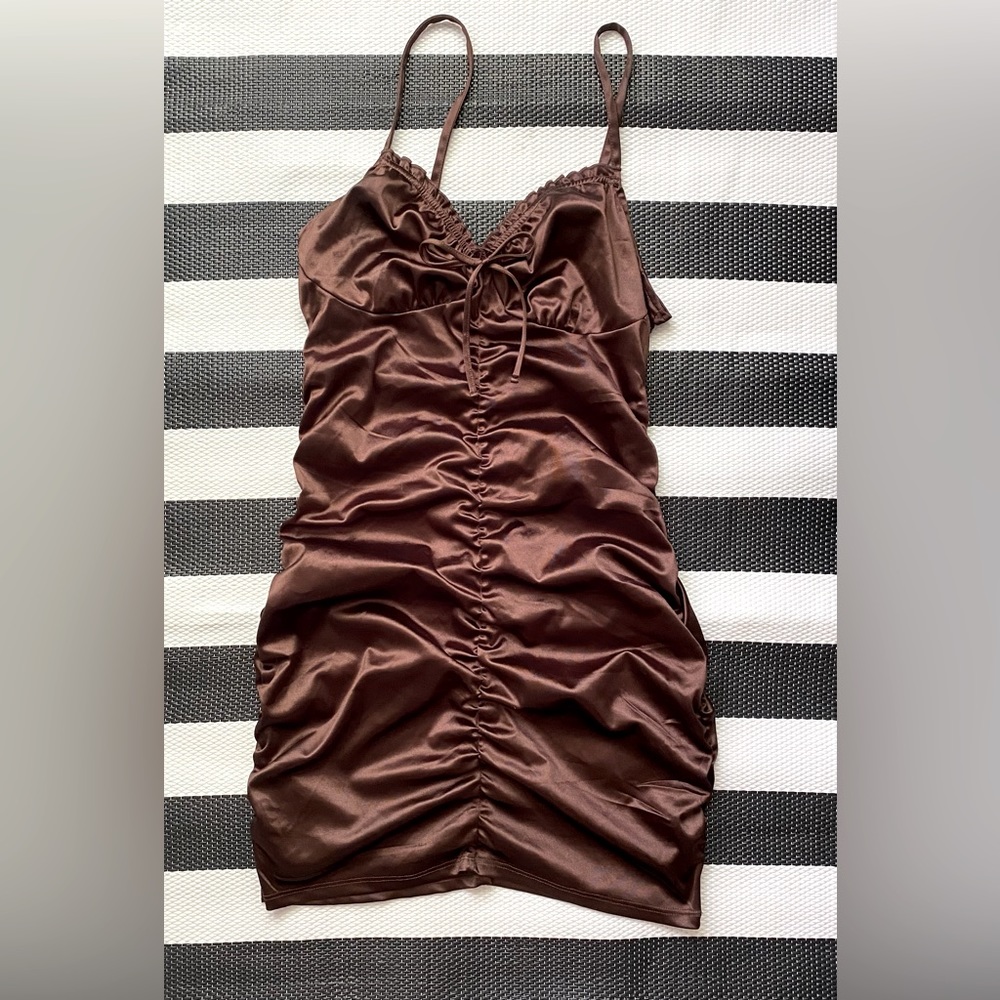 H&M Draped Ruched Brown Mini Dress szL